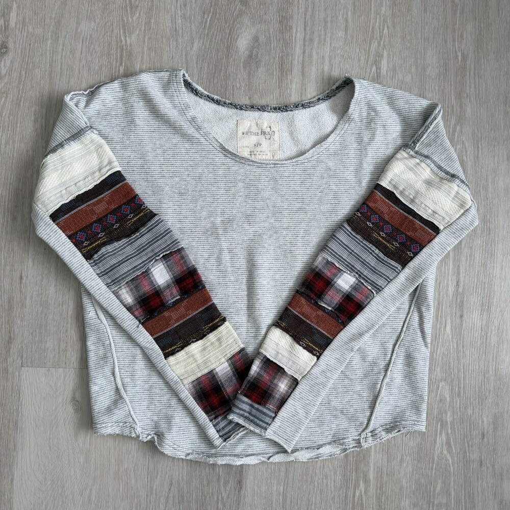 Free People We The Free Top Grey Striped Patchwork Sleeve Thermal Raw Hem Size S